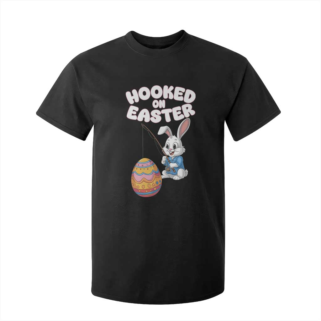 Cute Bunny Fishing T Shirt For Kid Hooked for Easter Eggs Funny Holiday TS02 Black Print Your Wear