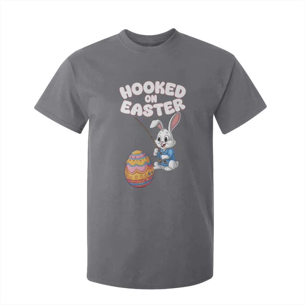 Cute Bunny Fishing T Shirt For Kid Hooked for Easter Eggs Funny Holiday TS02 Charcoal Print Your Wear