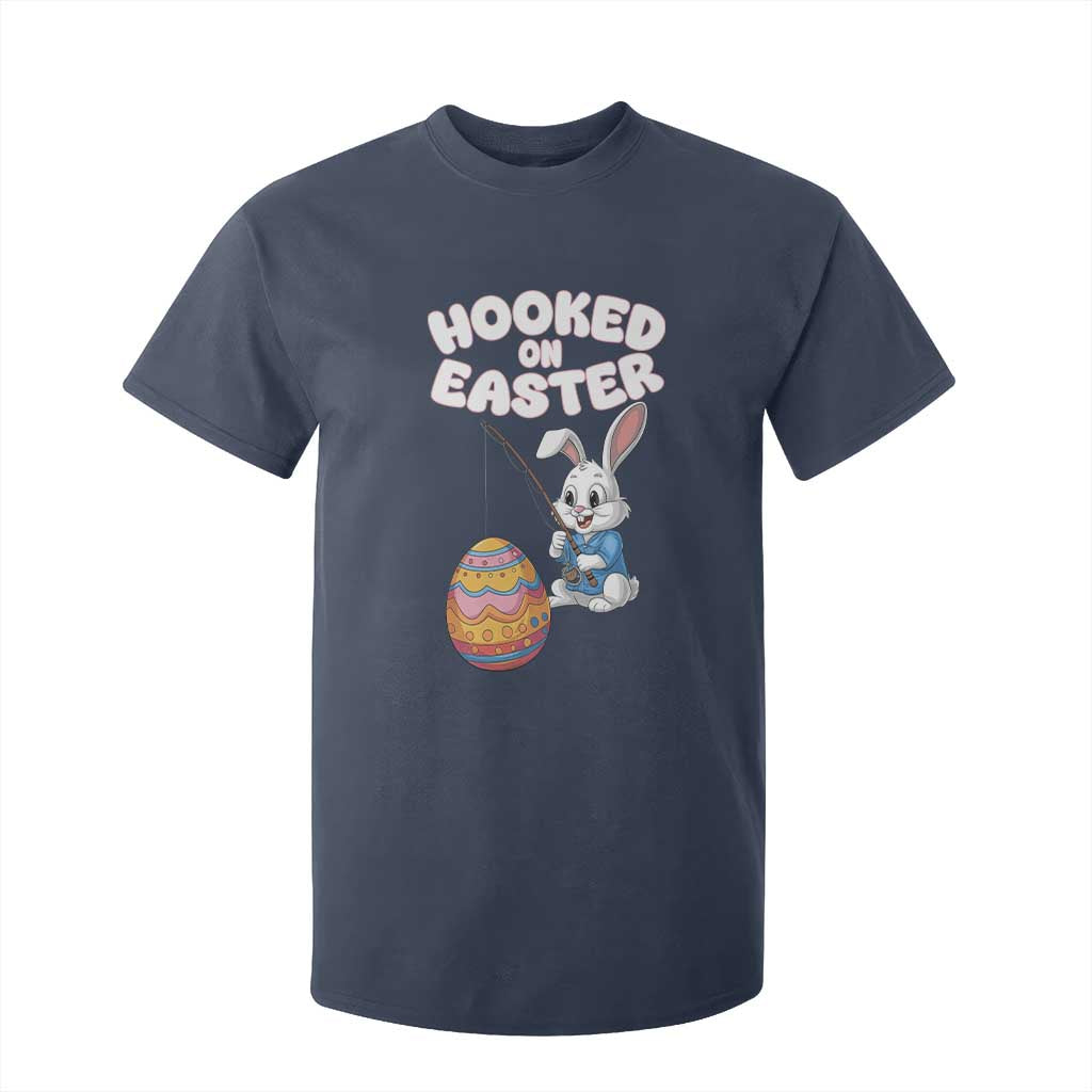 Cute Bunny Fishing T Shirt For Kid Hooked for Easter Eggs Funny Holiday TS02 Navy Print Your Wear