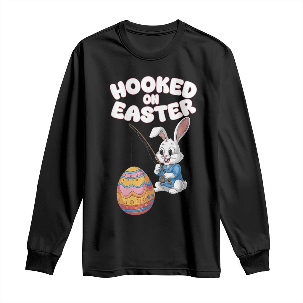 Cute Bunny Fishing Long Sleeve Shirt Hooked for Easter Eggs Funny Holiday TS02 Black Print Your Wear