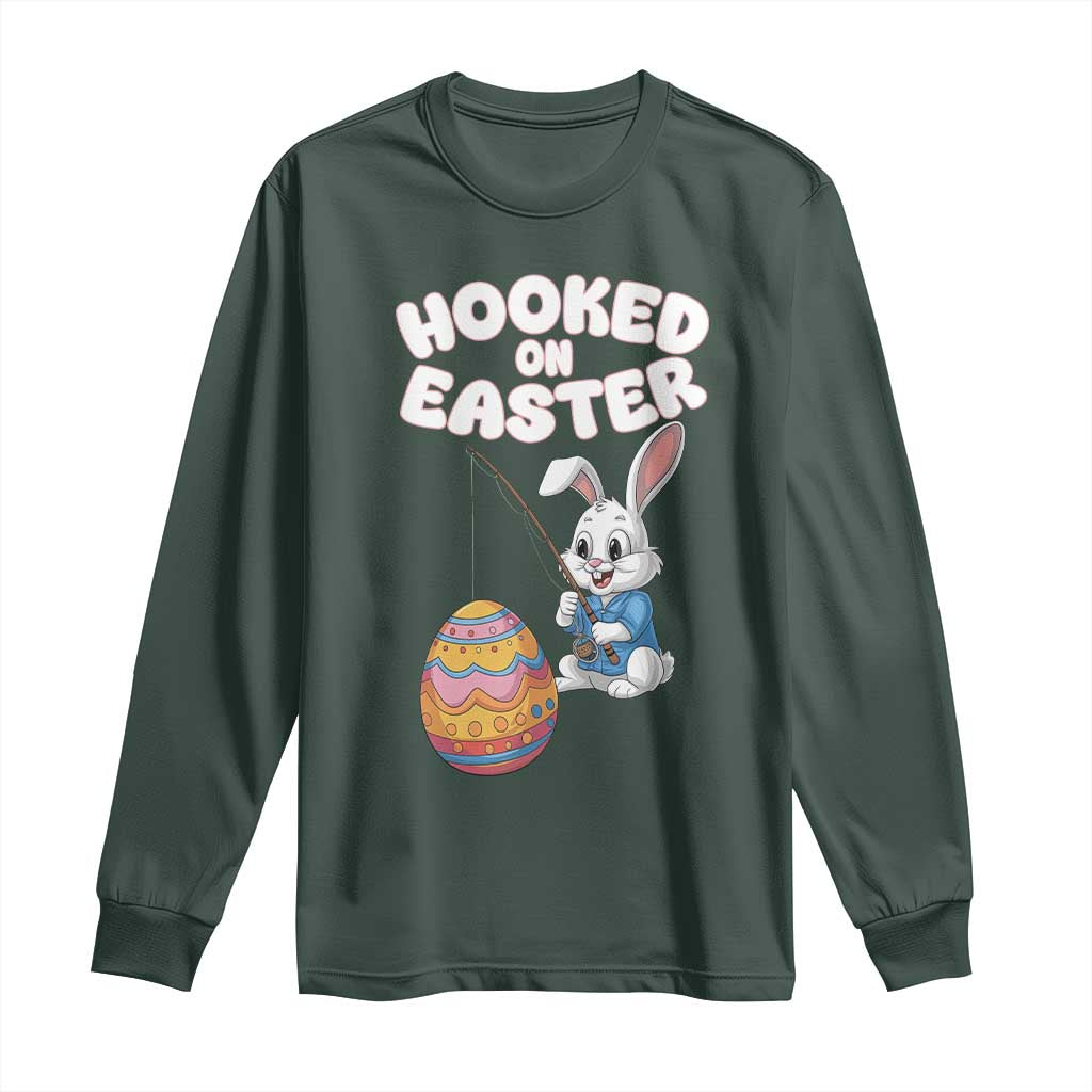 Cute Bunny Fishing Long Sleeve Shirt Hooked for Easter Eggs Funny Holiday TS02 Dark Forest Green Print Your Wear