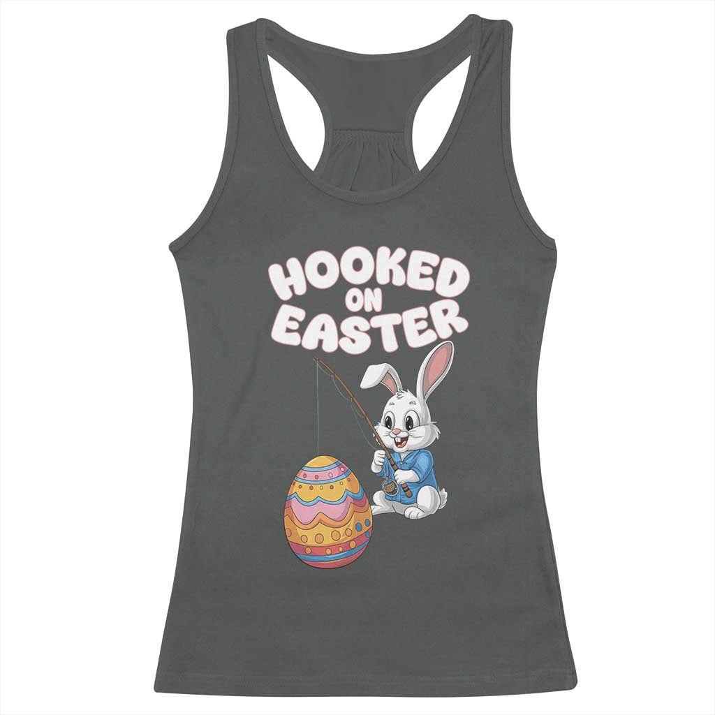 Cute Bunny Fishing Racerback Tank Top Hooked for Easter Eggs Funny Holiday TS02 Dark Heather Print Your Wear