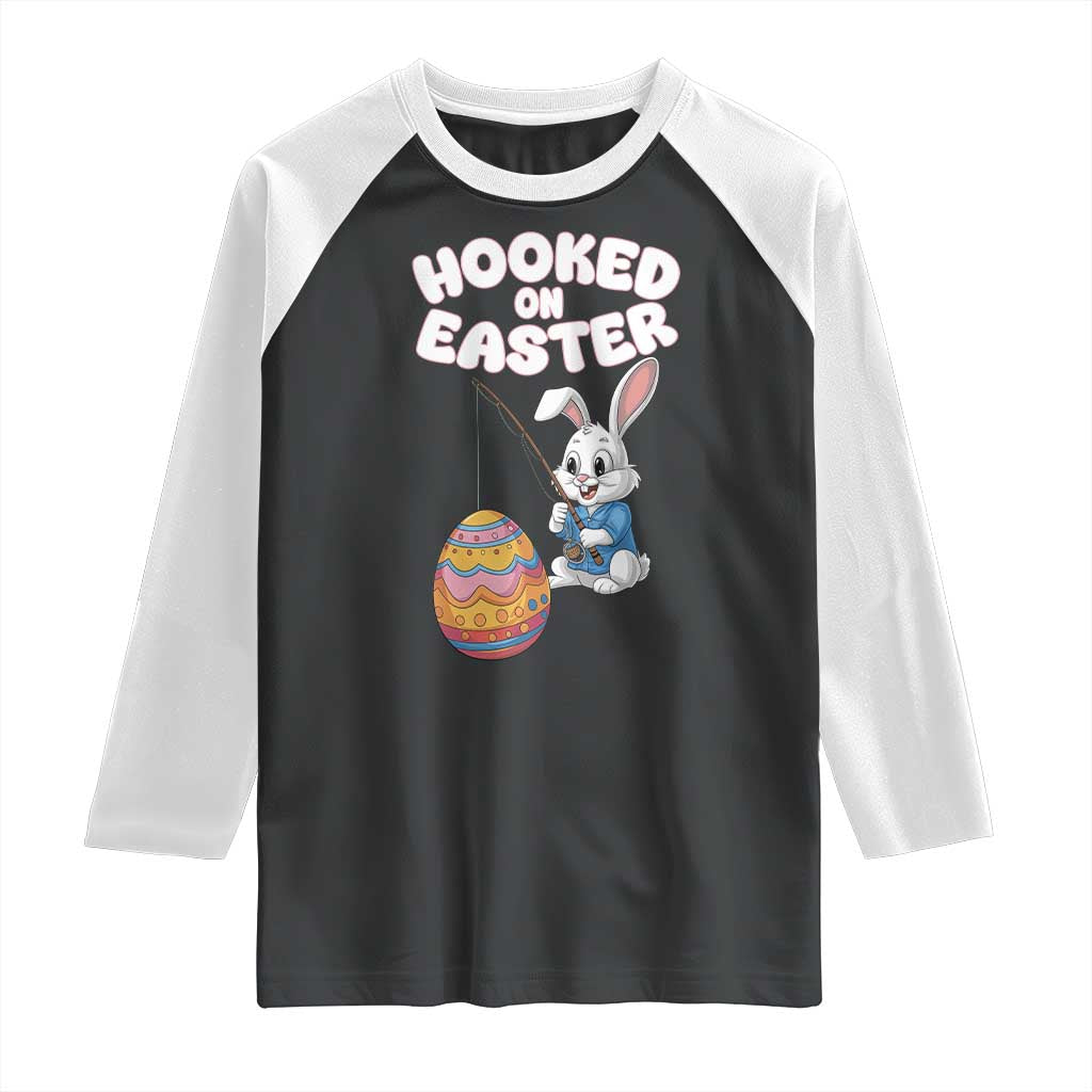 Cute Bunny Fishing Raglan Shirt Hooked for Easter Eggs Funny Holiday TS02 Black White Print Your Wear