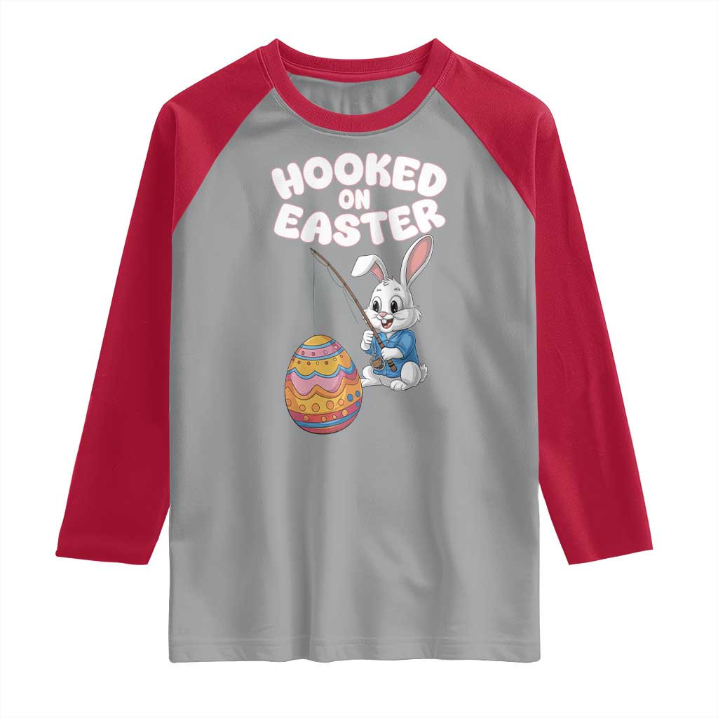 Cute Bunny Fishing Raglan Shirt Hooked for Easter Eggs Funny Holiday TS02 Sport Gray Red Print Your Wear