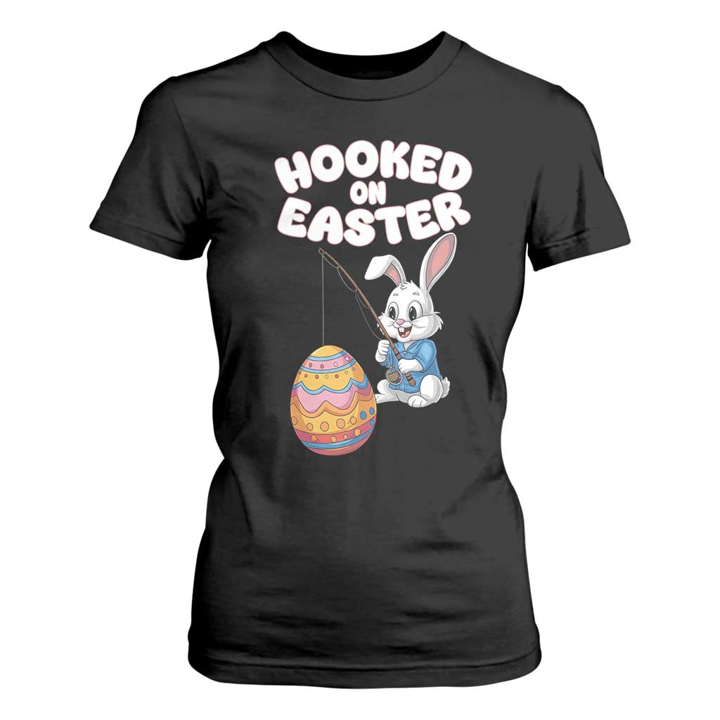 Cute Bunny Fishing T Shirt For Women Hooked for Easter Eggs Funny Holiday TS02 Black Print Your Wear