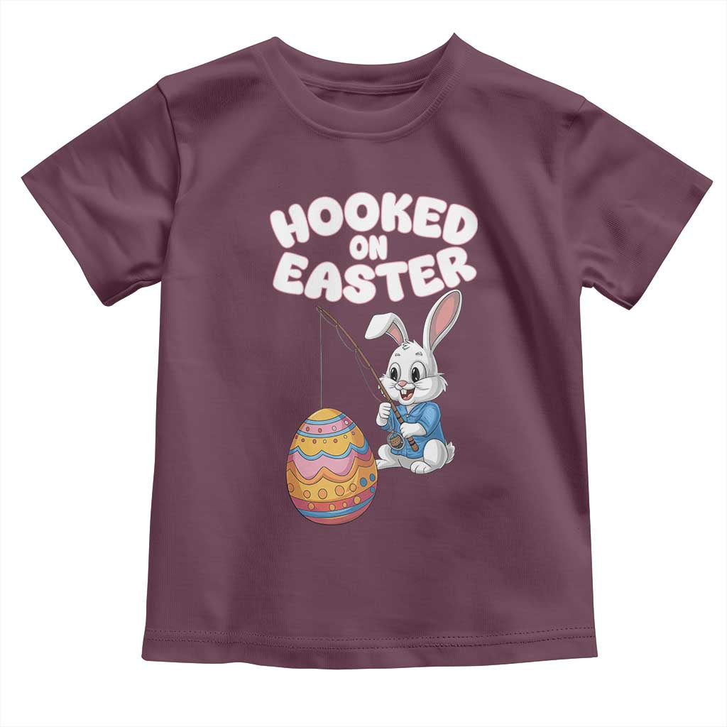 Cute Bunny Fishing Toddler T Shirt Hooked for Easter Eggs Funny Holiday TS02 Maroon Print Your Wear