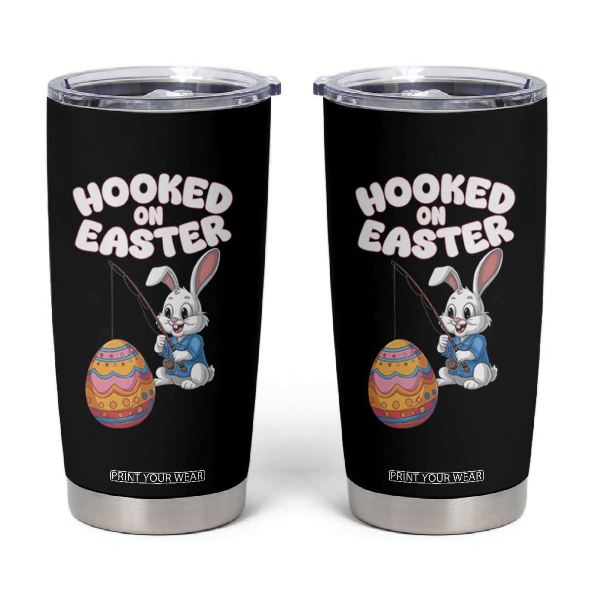 Cute Bunny Fishing Tumbler Cup Hooked for Easter Eggs Funny Holiday TS02 Black Print Your Wear