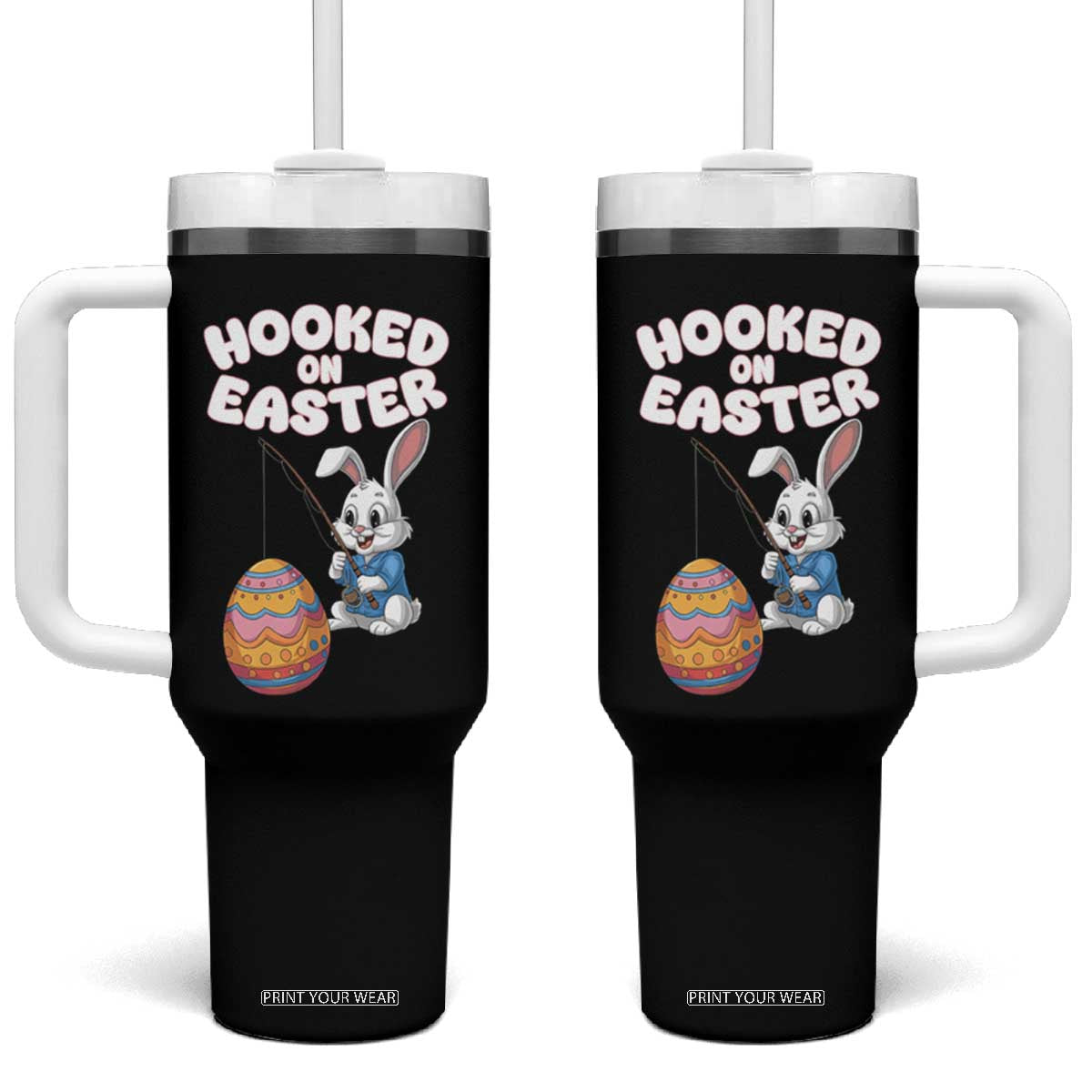Cute Bunny Fishing Tumbler With Handle Hooked for Easter Eggs Funny Holiday TS02 One Size: 40 oz Black Print Your Wear
