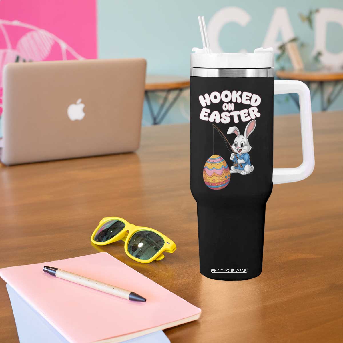 Cute Bunny Fishing Tumbler With Handle Hooked for Easter Eggs Funny Holiday TS02 Print Your Wear