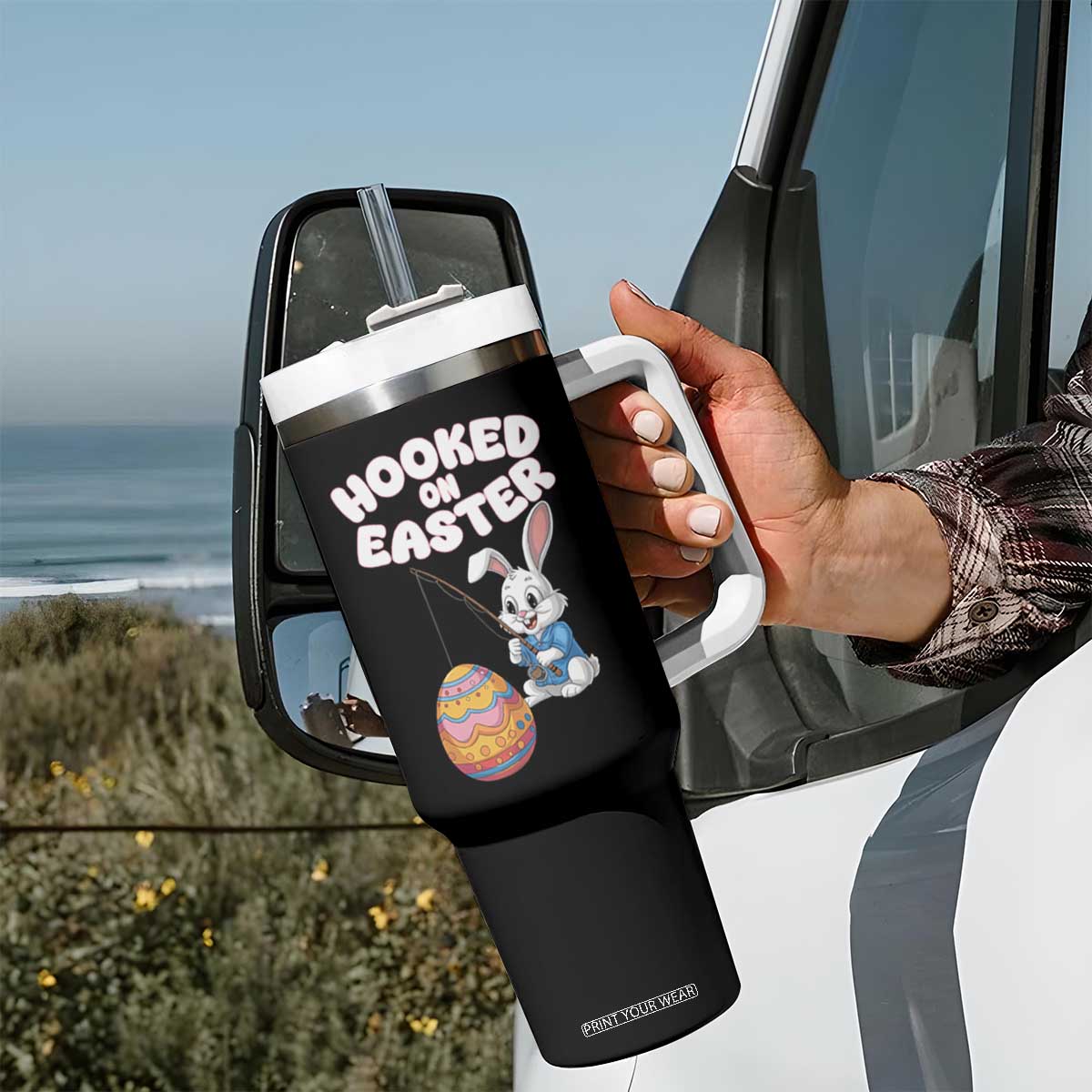 Cute Bunny Fishing Tumbler With Handle Hooked for Easter Eggs Funny Holiday TS02 Print Your Wear