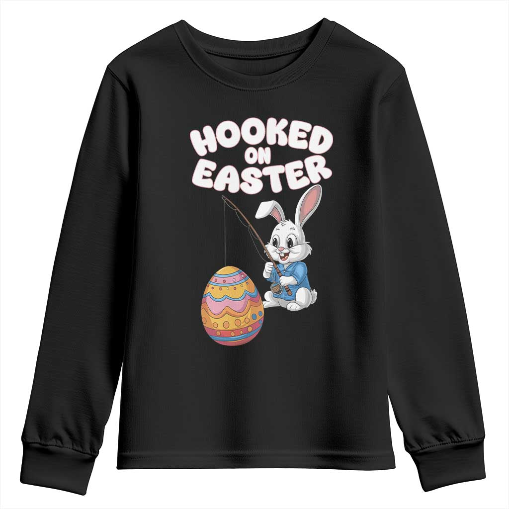 Cute Bunny Fishing Youth Sweatshirt Hooked for Easter Eggs Funny Holiday TS02 Black Print Your Wear