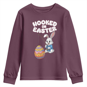 Cute Bunny Fishing Youth Sweatshirt Hooked for Easter Eggs Funny Holiday TS02 Maroon Print Your Wear