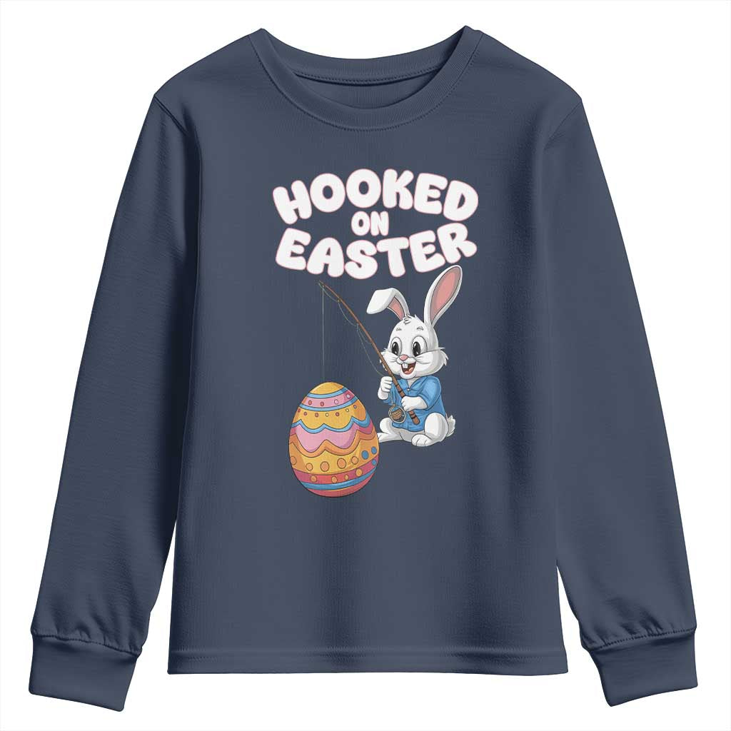 Cute Bunny Fishing Youth Sweatshirt Hooked for Easter Eggs Funny Holiday TS02 Navy Print Your Wear