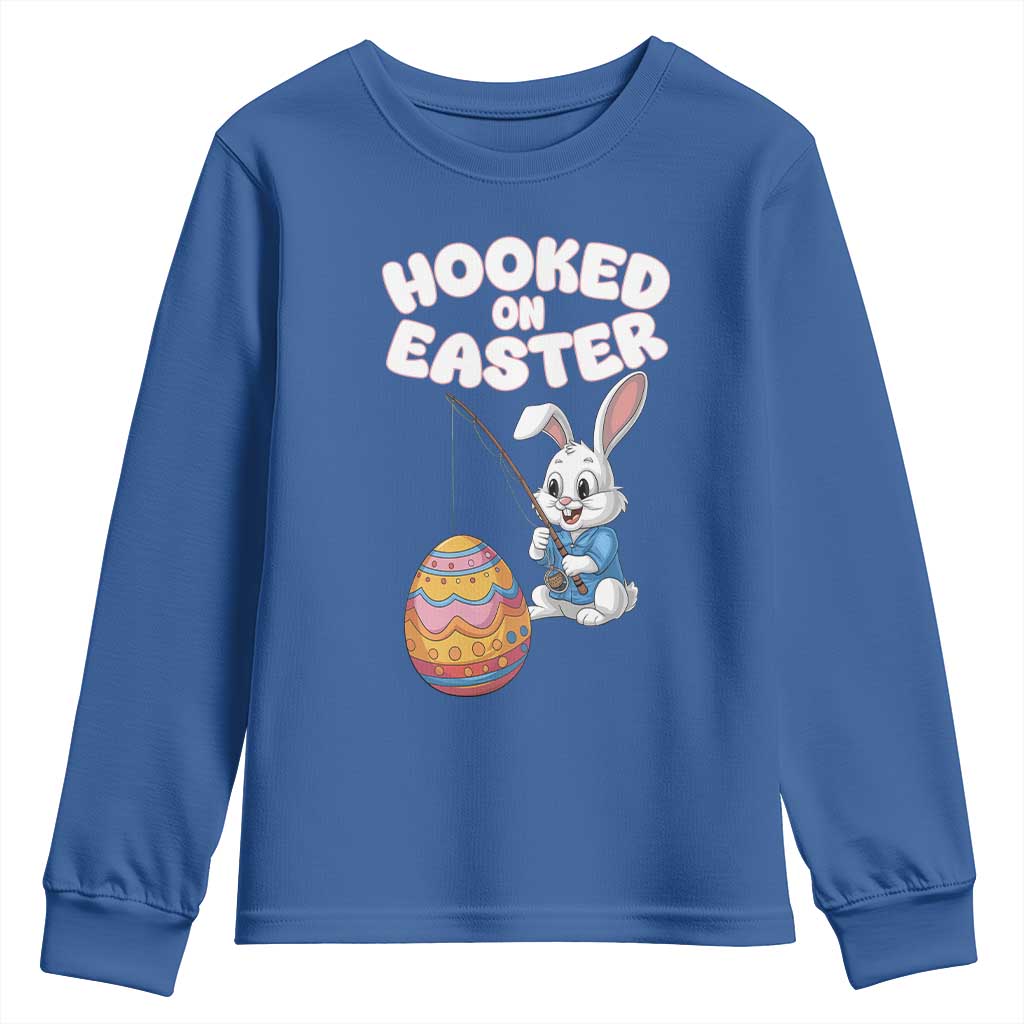 Cute Bunny Fishing Youth Sweatshirt Hooked for Easter Eggs Funny Holiday TS02 Royal Blue Print Your Wear