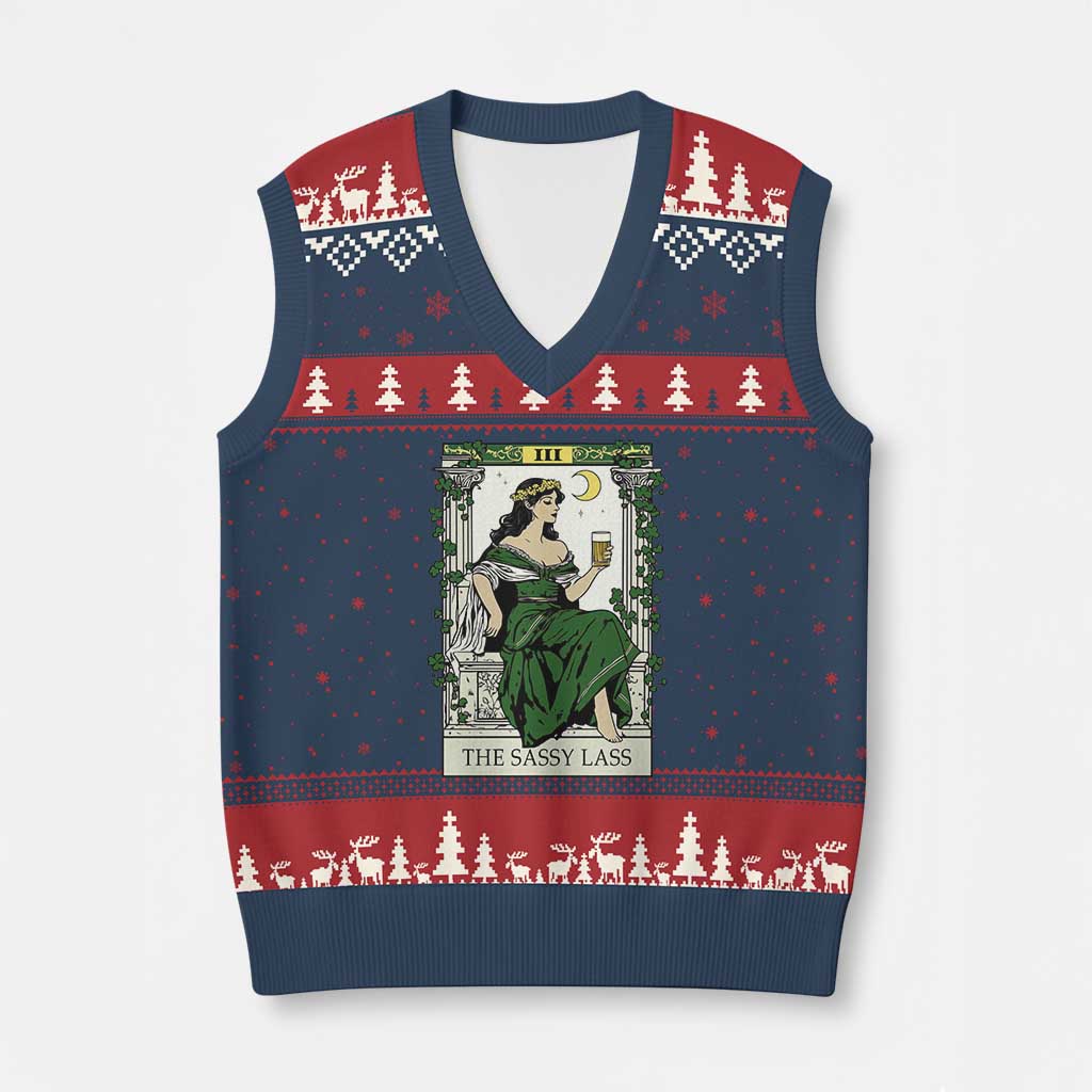 The Sassy Lass Tarot Card V-Neck Knit Sweater Vest Funny St Patrick's Day TS02 Navy Red Print Your Wear