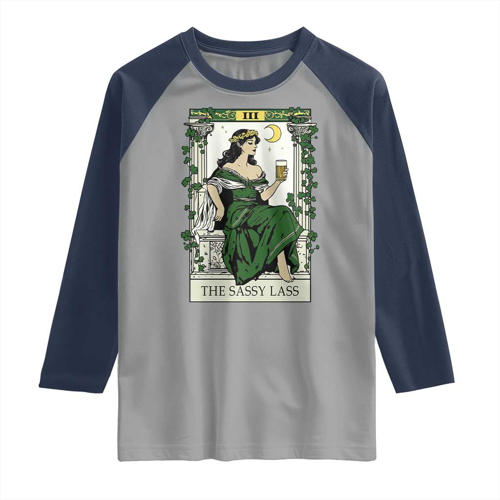 The Sassy Lass Tarot Card Raglan Shirt Funny St Patrick's Day TS02 Sport Gray Navy Print Your Wear