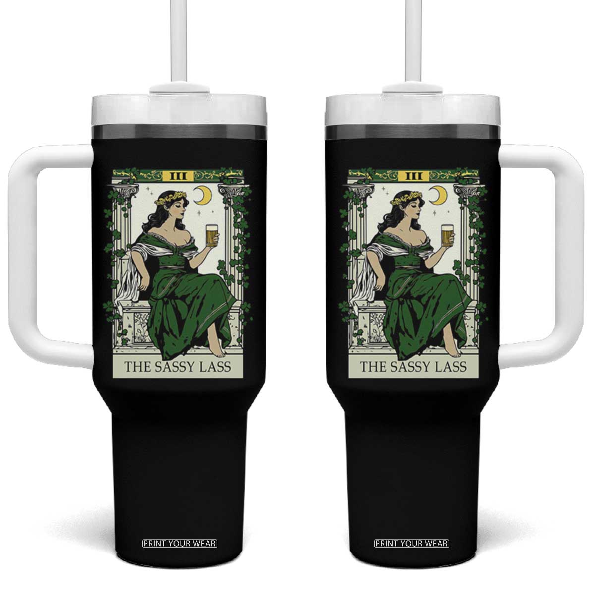 The Sassy Lass Tarot Card Tumbler With Handle Funny St Patrick's Day TS02 One Size: 40 oz Black Print Your Wear