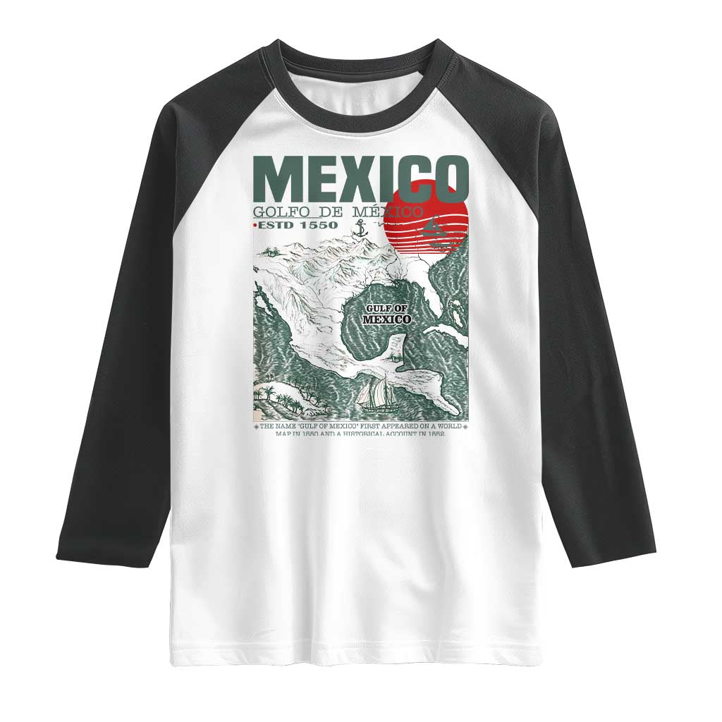 Gulf of Mexico Estd 1550 Raglan Shirt Golfo De Mexico Historic Map Retro Graphic TS02 White Black Print Your Wear