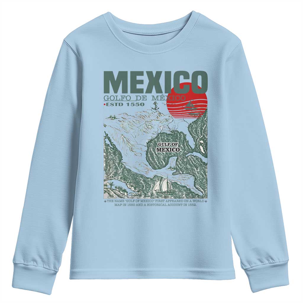 Gulf of Mexico Estd 1550 Youth Sweatshirt Golfo De Mexico Historic Map Retro Graphic TS02 Light Blue Print Your Wear