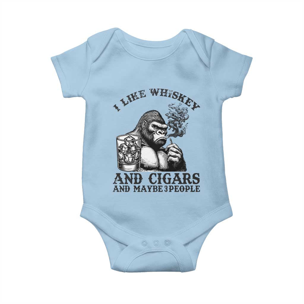 I Like Whiskey and Cigars and Maybe 3 People Baby Onesie Funny Bigfoot Drinking and Cigarette Anti-Social Humor TS02 Light Blue Print Your Wear