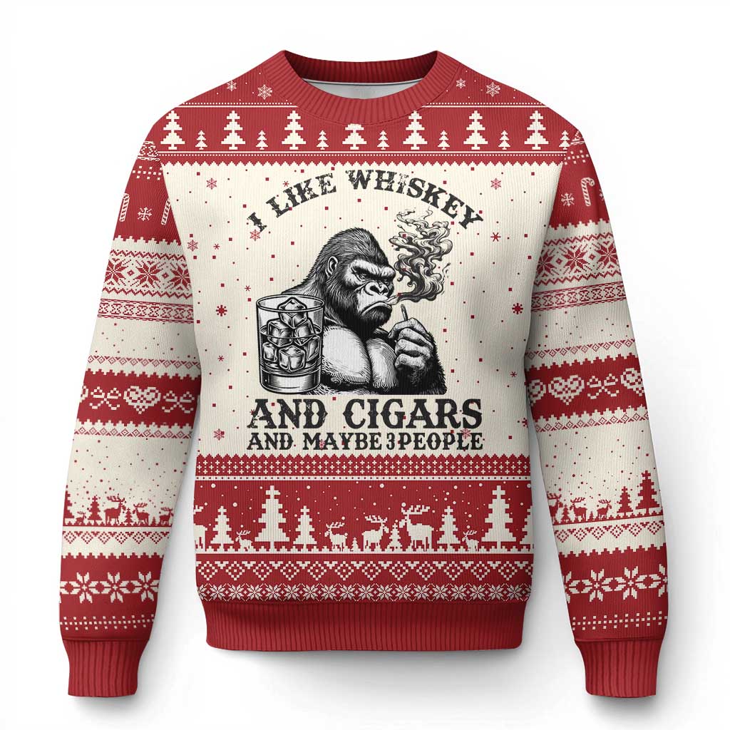 I Like Whiskey and Cigars and Maybe 3 People Ugly Christmas Sweater Funny Bigfoot Drinking and Cigarette Anti-Social Humor TS02 Beige Red Print Your Wear