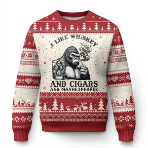 I Like Whiskey and Cigars and Maybe 3 People Ugly Christmas Sweater Funny Bigfoot Drinking and Cigarette Anti-Social Humor TS02 Beige Red Print Your Wear