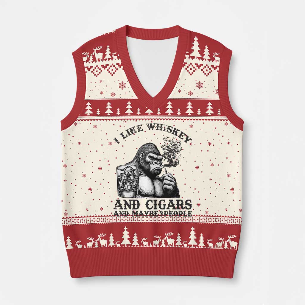 I Like Whiskey and Cigars and Maybe 3 People V-Neck Knit Sweater Vest Funny Bigfoot Drinking and Cigarette Anti-Social Humor TS02 Beige Red Print Your Wear