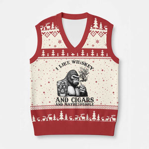 I Like Whiskey and Cigars and Maybe 3 People V-Neck Knit Sweater Vest Funny Bigfoot Drinking and Cigarette Anti-Social Humor TS02 Beige Red Print Your Wear