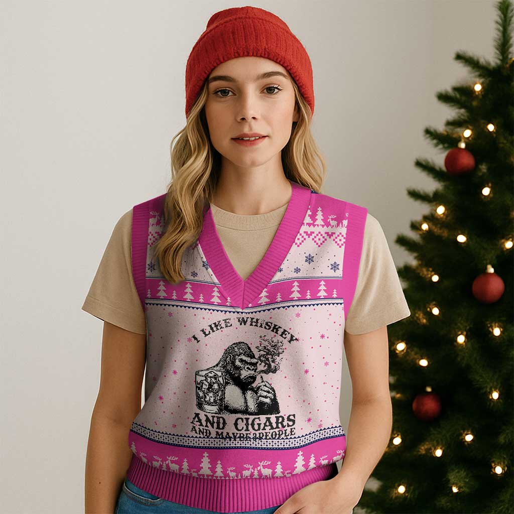 I Like Whiskey and Cigars and Maybe 3 People V-Neck Knit Sweater Vest Funny Bigfoot Drinking and Cigarette Anti-Social Humor TS02 Hot Pink Print Your Wear