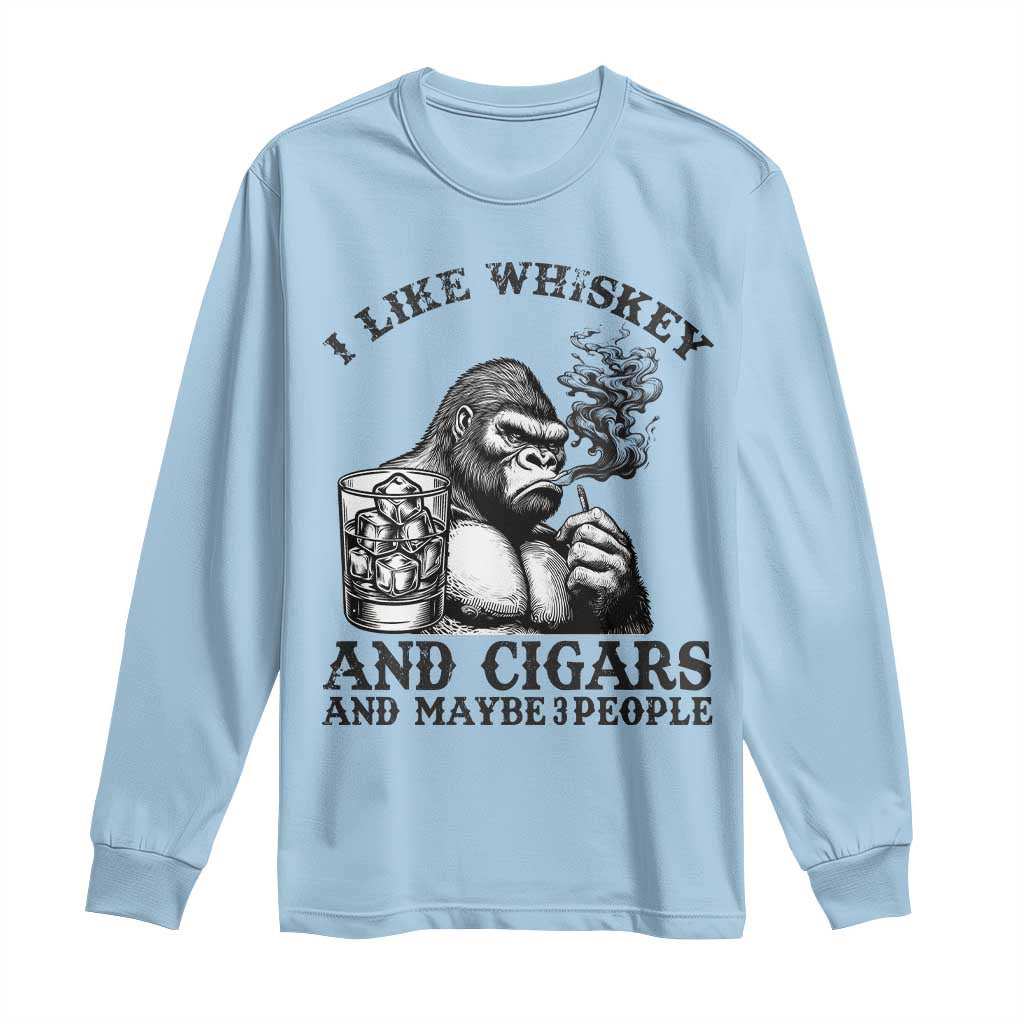 I Like Whiskey and Cigars and Maybe 3 People Long Sleeve Shirt Funny Bigfoot Drinking and Cigarette Anti-Social Humor TS02 Light Blue Print Your Wear