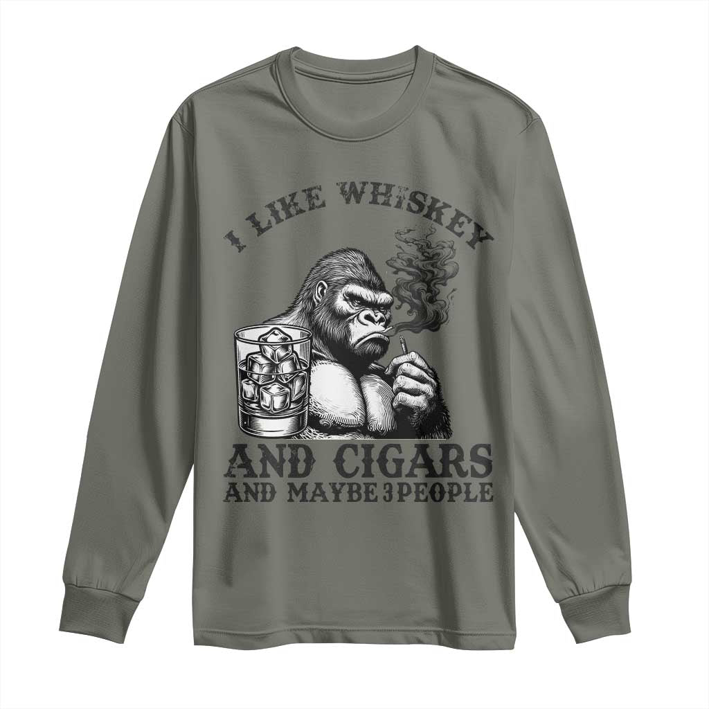 I Like Whiskey and Cigars and Maybe 3 People Long Sleeve Shirt Funny Bigfoot Drinking and Cigarette Anti-Social Humor TS02 Military Green Print Your Wear