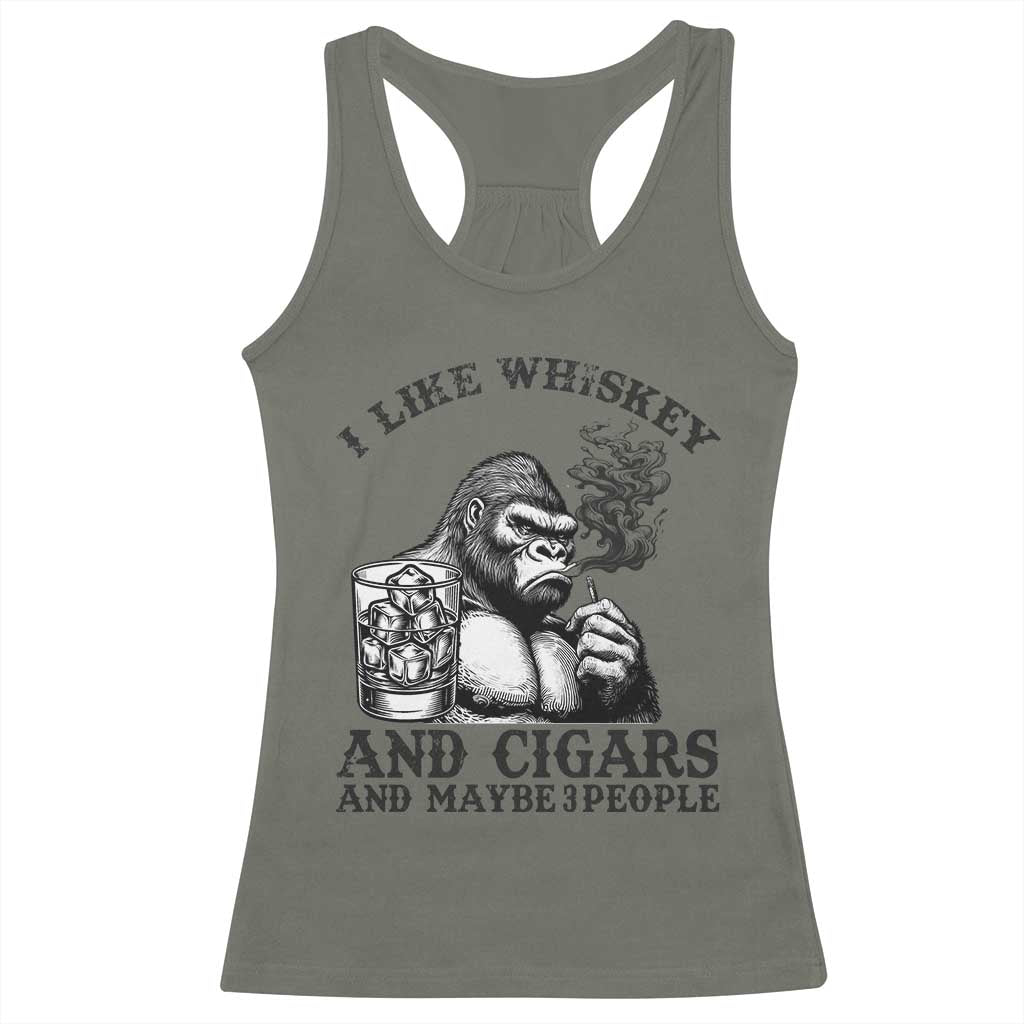 I Like Whiskey and Cigars and Maybe 3 People Racerback Tank Top Funny Bigfoot Drinking and Cigarette Anti-Social Humor TS02 Military Green Print Your Wear