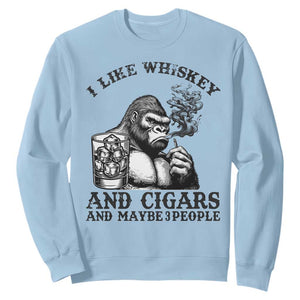 I Like Whiskey and Cigars and Maybe 3 People Sweatshirt Funny Bigfoot Drinking and Cigarette Anti-Social Humor TS02 Light Blue Print Your Wear