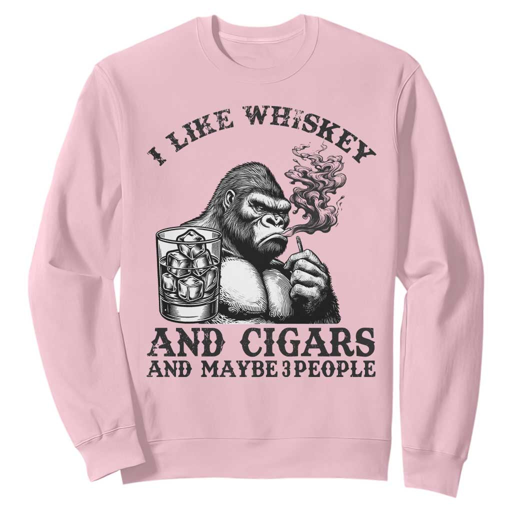 I Like Whiskey and Cigars and Maybe 3 People Sweatshirt Funny Bigfoot Drinking and Cigarette Anti-Social Humor TS02 Light Pink Print Your Wear
