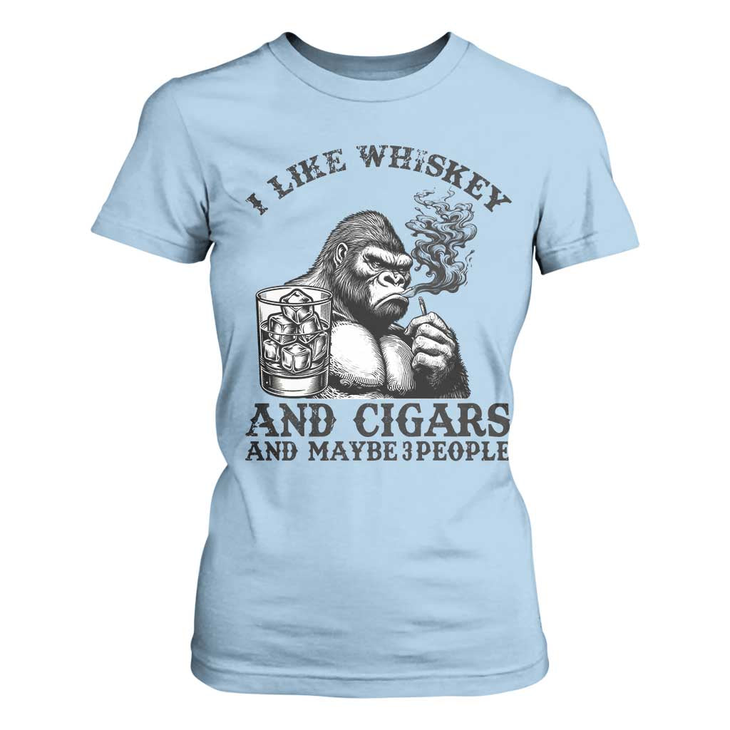 I Like Whiskey and Cigars and Maybe 3 People T Shirt For Women Funny Bigfoot Drinking and Cigarette Anti-Social Humor TS02 Light Blue Print Your Wear