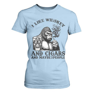 I Like Whiskey and Cigars and Maybe 3 People T Shirt For Women Funny Bigfoot Drinking and Cigarette Anti-Social Humor TS02 Light Blue Print Your Wear