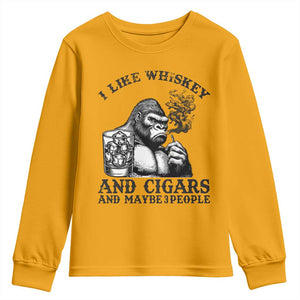 I Like Whiskey and Cigars and Maybe 3 People Youth Sweatshirt Funny Bigfoot Drinking and Cigarette Anti-Social Humor TS02 Gold Print Your Wear