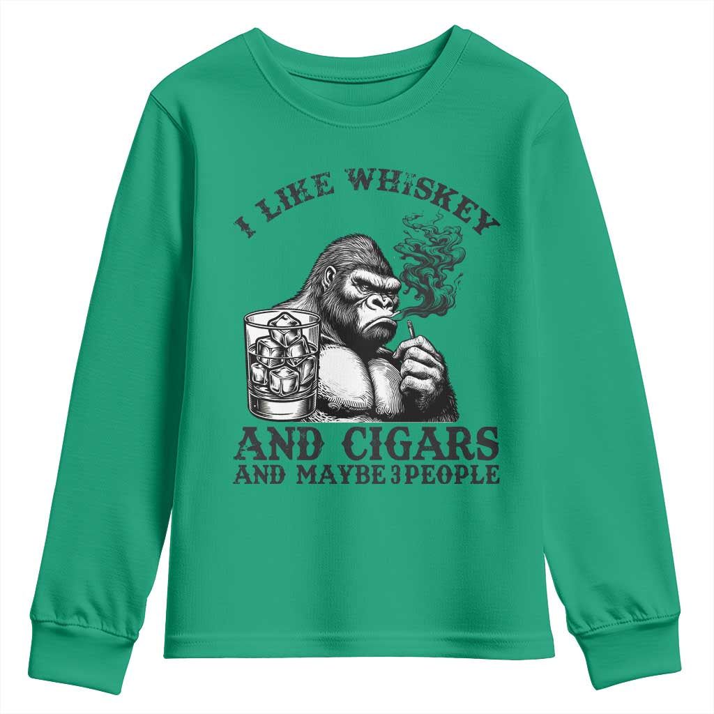 I Like Whiskey and Cigars and Maybe 3 People Youth Sweatshirt Funny Bigfoot Drinking and Cigarette Anti-Social Humor TS02 Irish Green Print Your Wear