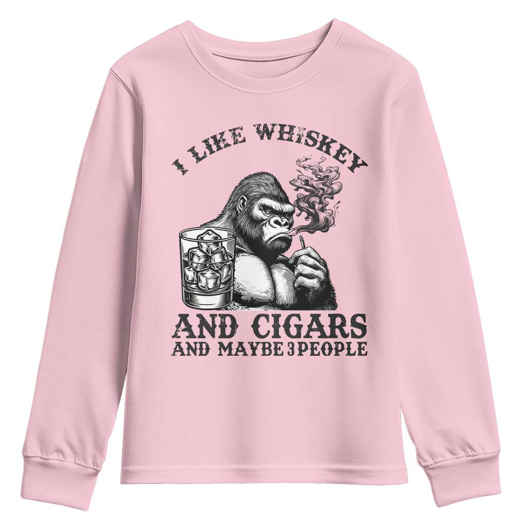 I Like Whiskey and Cigars and Maybe 3 People Youth Sweatshirt Funny Bigfoot Drinking and Cigarette Anti-Social Humor TS02 Light Pink Print Your Wear