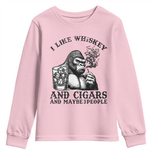 I Like Whiskey and Cigars and Maybe 3 People Youth Sweatshirt Funny Bigfoot Drinking and Cigarette Anti-Social Humor TS02 Light Pink Print Your Wear