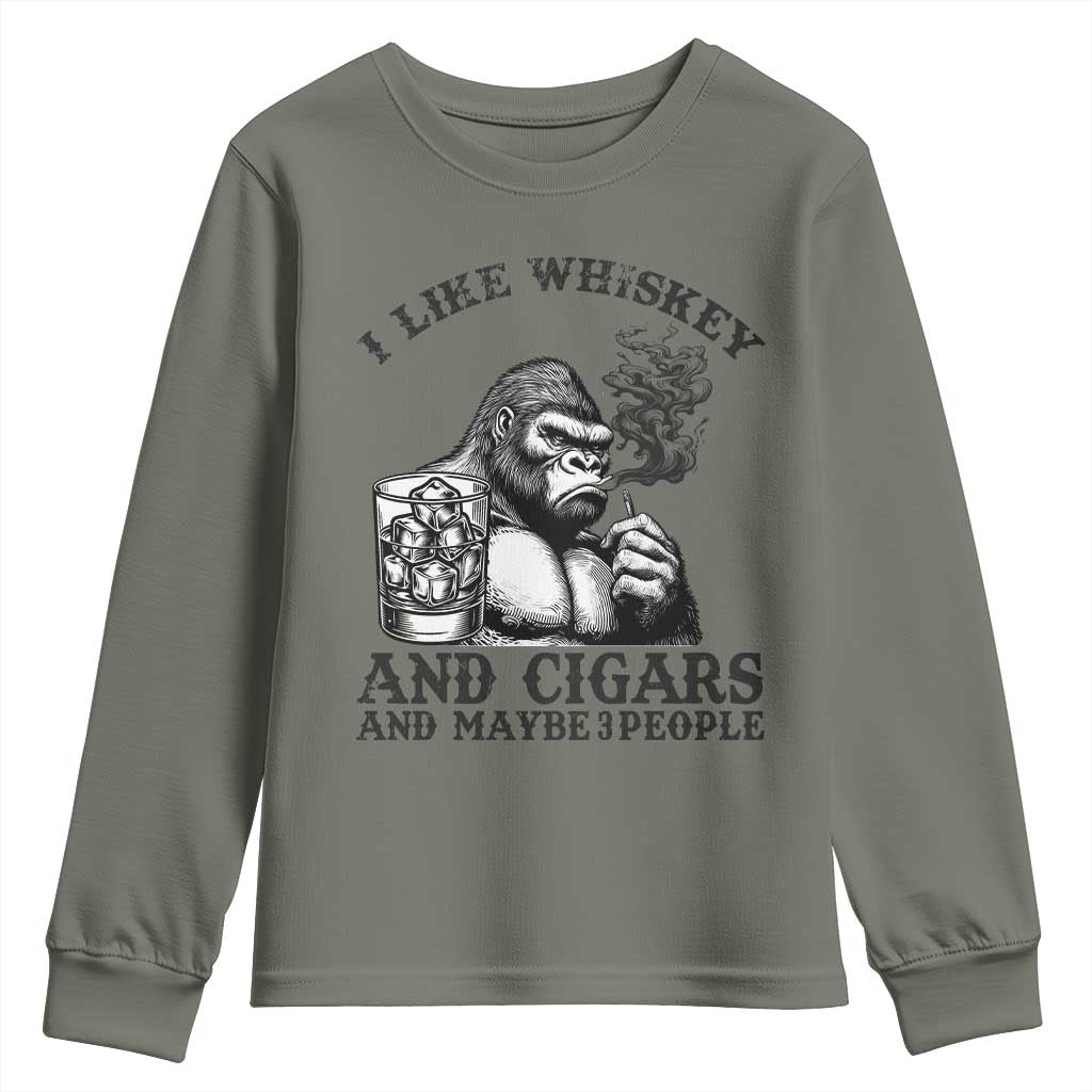 I Like Whiskey and Cigars and Maybe 3 People Youth Sweatshirt Funny Bigfoot Drinking and Cigarette Anti-Social Humor TS02 Military Green Print Your Wear