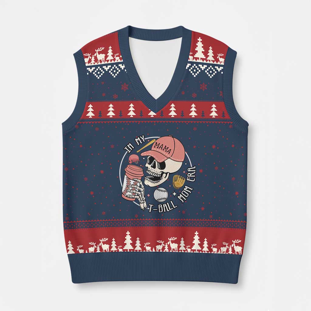In My T-Ball Mom Era Skeleton V-Neck Knit Sweater Vest Baseball Mother's Day TS02 Navy Red Print Your Wear