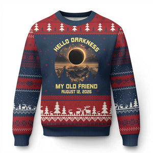 Hello Darkness My Old Friend August 12 2026 Ugly Christmas Sweater Total Solar Eclipse Humorous Astronomy Gift TS02 Navy Red Print Your Wear