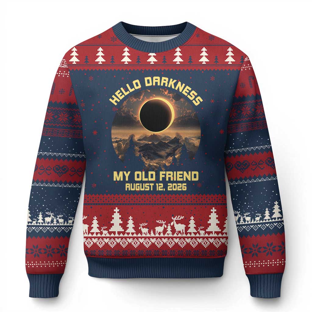 Hello Darkness My Old Friend August 12 2026 Ugly Christmas Sweater Total Solar Eclipse Humorous Astronomy Gift TS02 Navy Red Print Your Wear