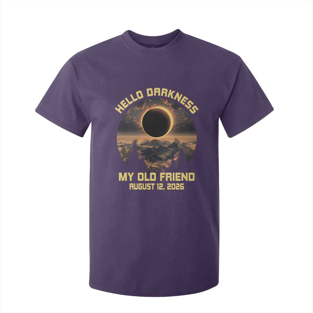 Hello Darkness My Old Friend August 12 2026 T Shirt For Kid Total Solar Eclipse Humorous Astronomy Gift TS02 Purple Print Your Wear