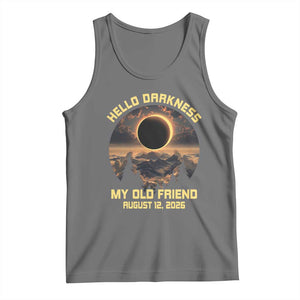 Hello Darkness My Old Friend August 12 2026 Tank Top Total Solar Eclipse Humorous Astronomy Gift TS02 Black Heather Print Your Wear