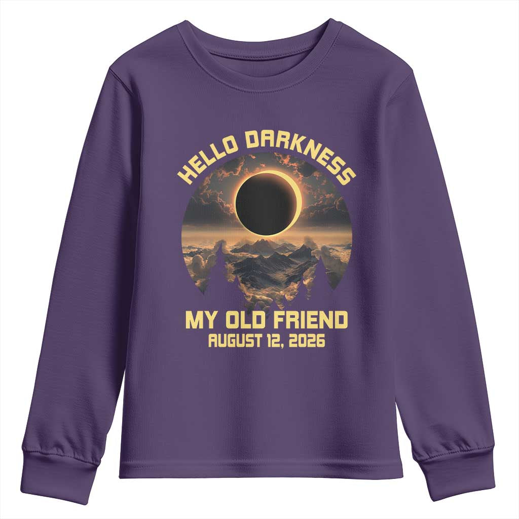 Hello Darkness My Old Friend August 12 2026 Youth Sweatshirt Total Solar Eclipse Humorous Astronomy Gift TS02 Purple Print Your Wear