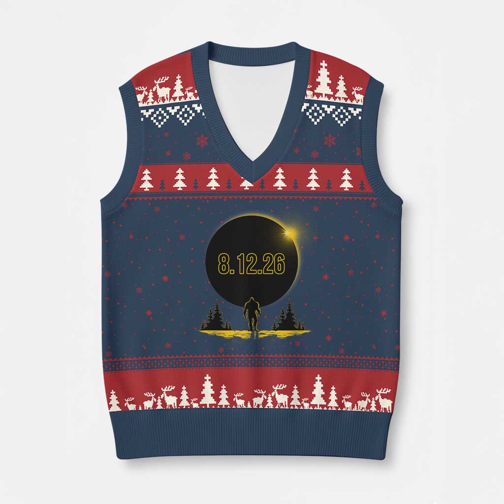 Bigfoot August 12 2026 Total Solar Eclipse V-Neck Knit Sweater Vest Totality Sasquatch Cryptid Stargazer Memorabilia TS02 Navy Red Print Your Wear