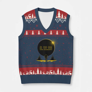 Bigfoot August 12 2026 Total Solar Eclipse V-Neck Knit Sweater Vest Totality Sasquatch Cryptid Stargazer Memorabilia TS02 Navy Red Print Your Wear