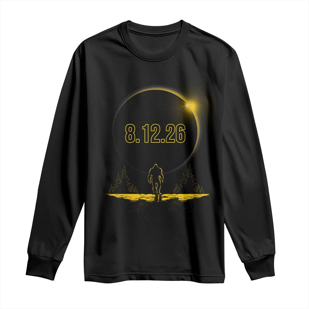 Bigfoot August 12 2026 Total Solar Eclipse Long Sleeve Shirt Totality Sasquatch Cryptid Stargazer Memorabilia TS02 Black Print Your Wear